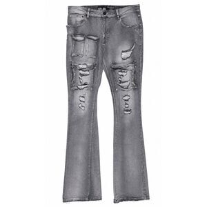 Spark Mens Distressed Stacked Flare Jeans Cargo Pockets Gray Wash Size 36x38